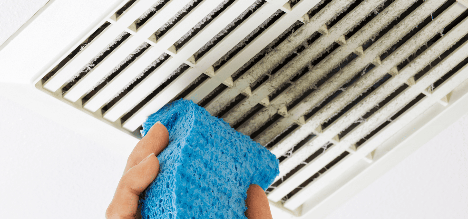 Homeowner cleaning bathroom air vent cover with a sponge