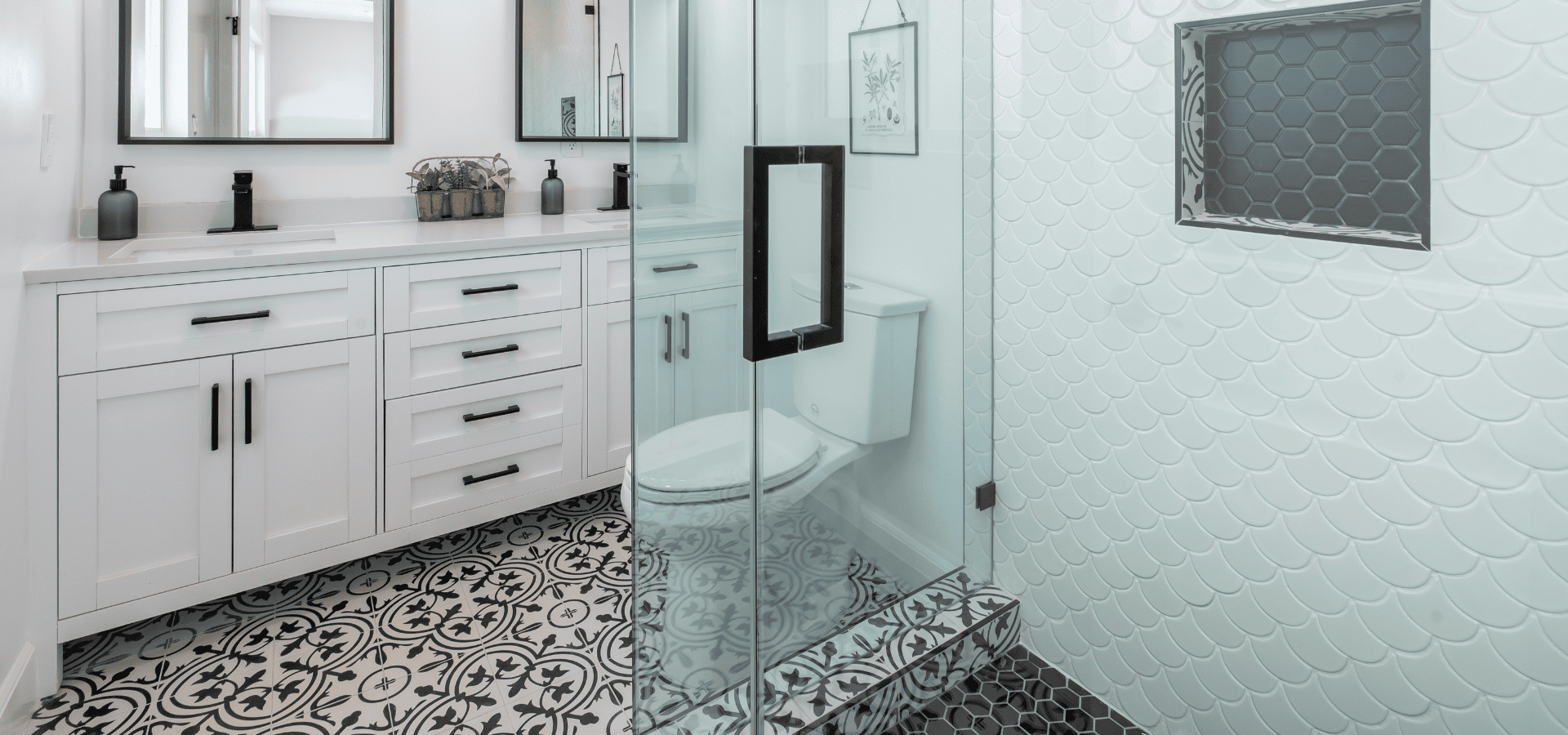 Functional master bathroom remodel with a walk-in shower and a dual vanity with storage
