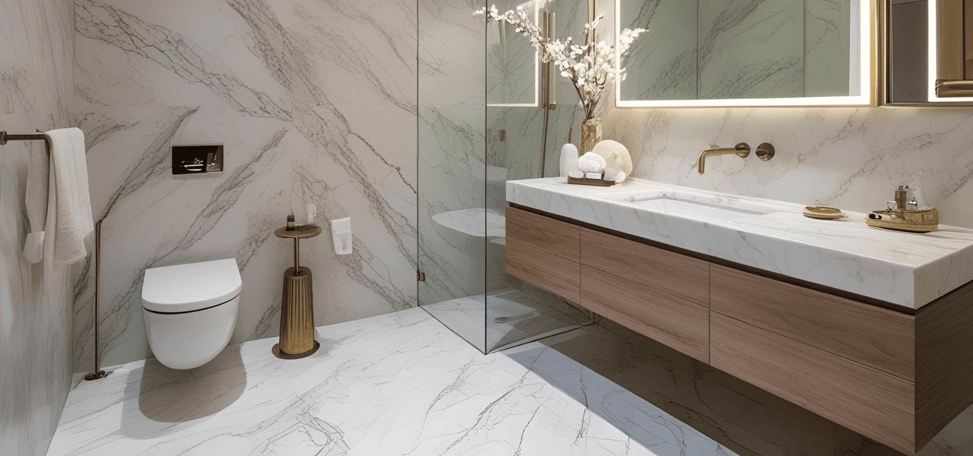Luxurious bathroom with marble flooring and wall tiles