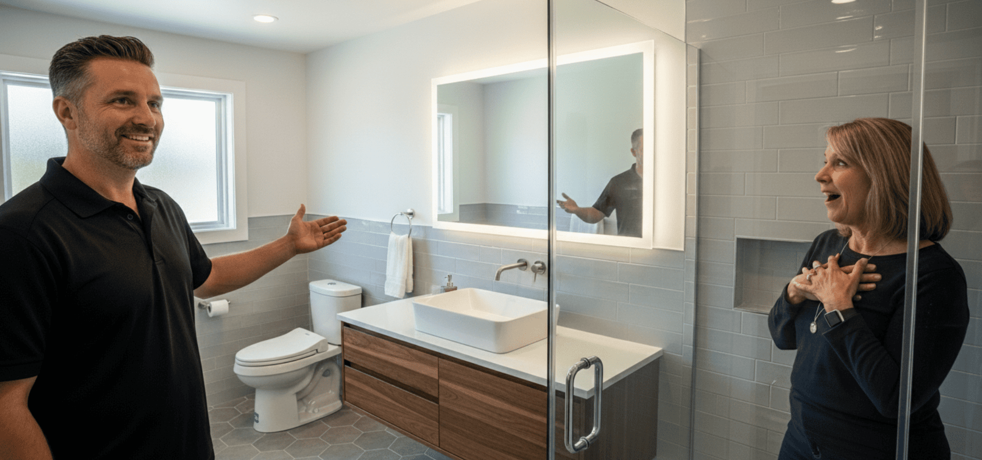 A bathroom remodeling contractor walking a female homeowner through the completed bathroom remodel