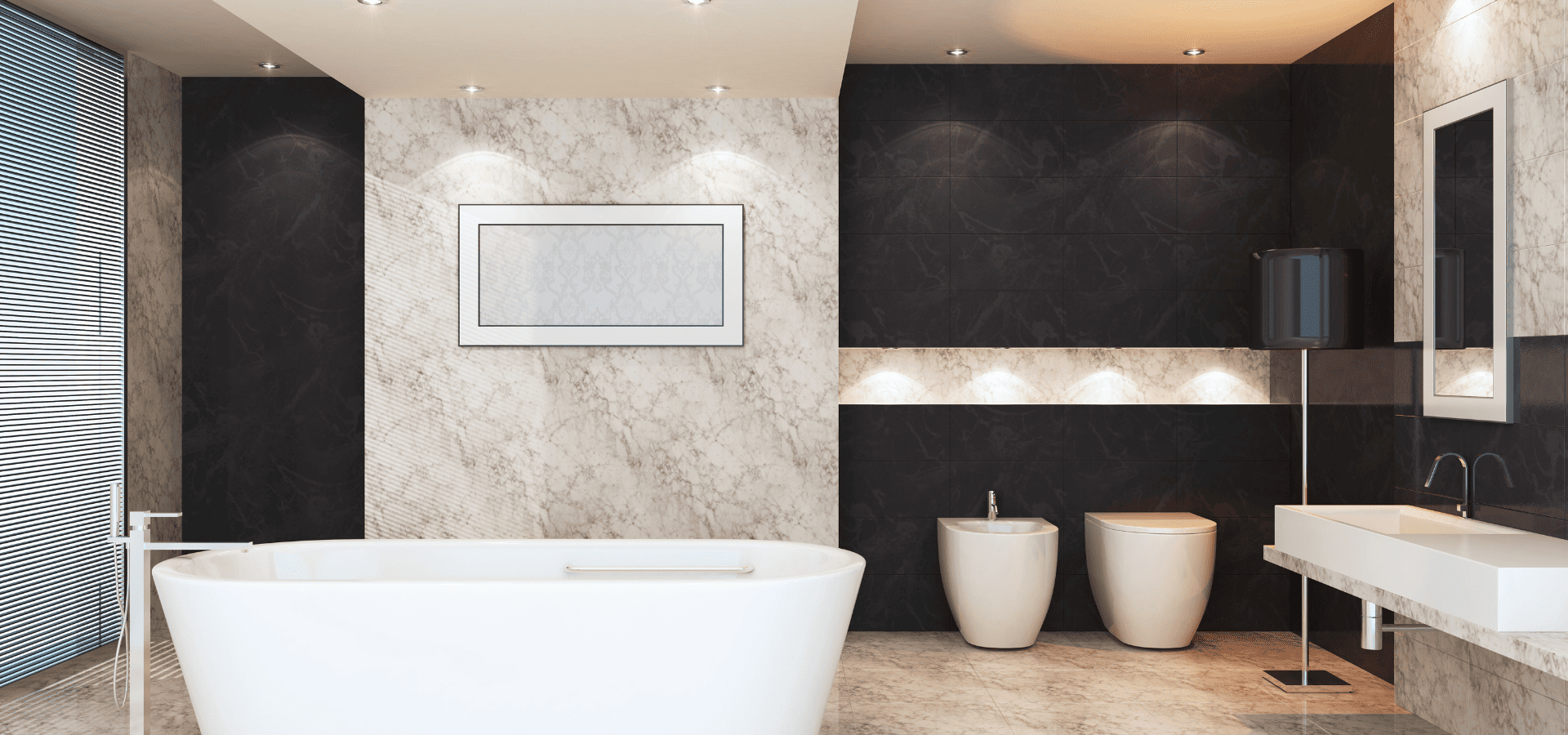 Large luxury bathroom featuring granite flooring and walls