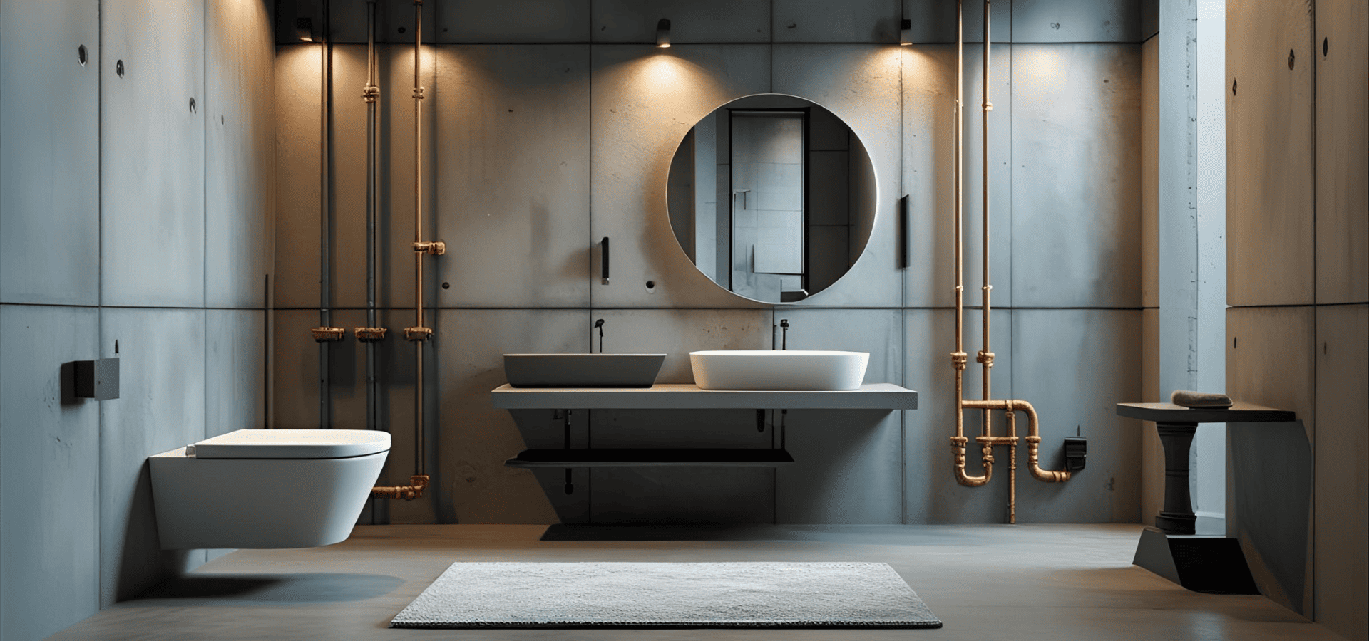Stylish industrial bathroom with exposed metal pipes and a bath mat
