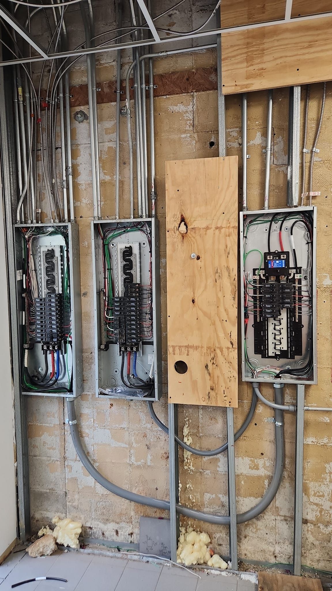 A room with a lot of electrical boxes on the wall.