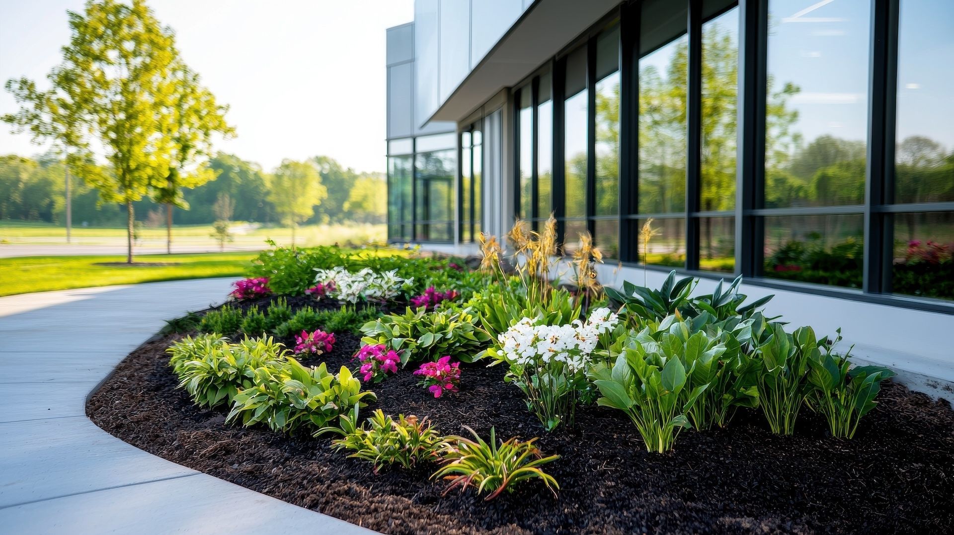 Flower bed with colorful plants in front of a modern building with large windows.