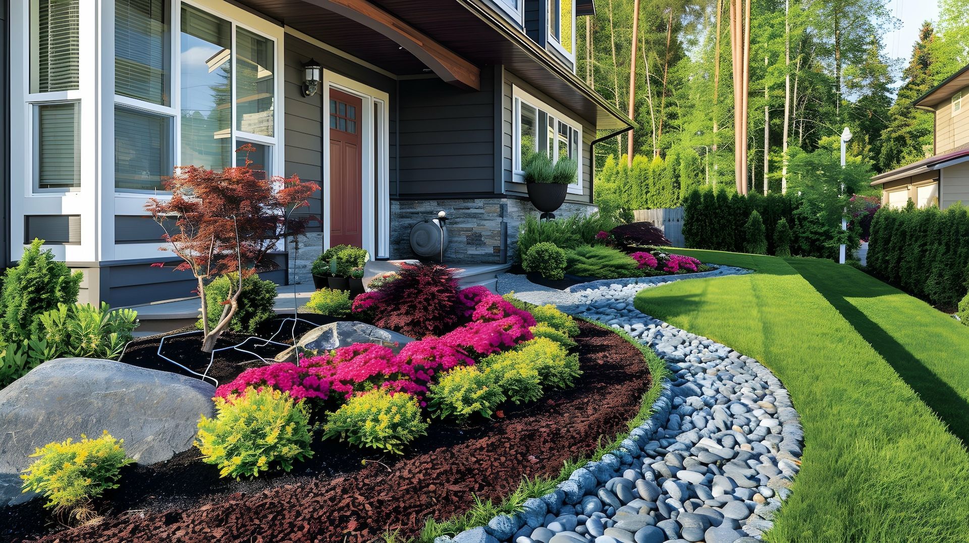 House exterior with landscaped garden bed, including vibrant pink flowers and a stone pathway.