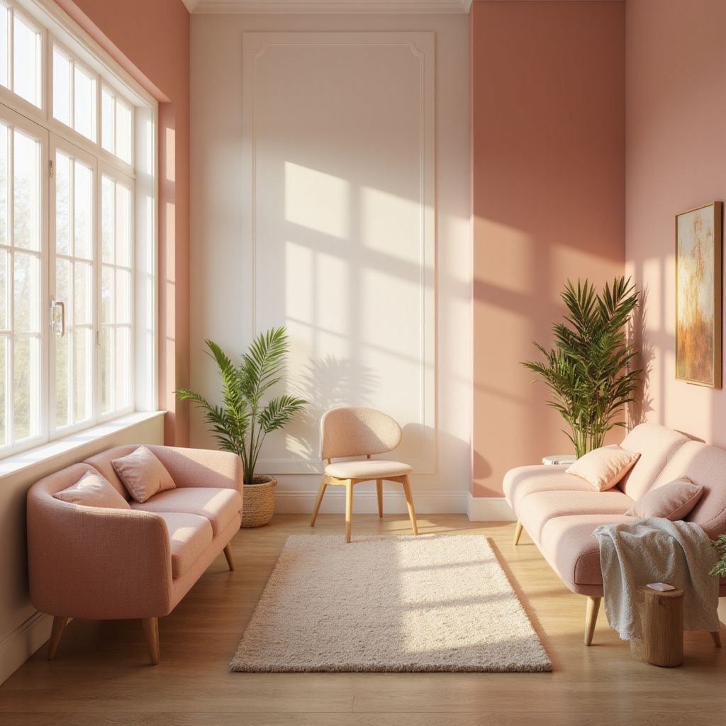 Un salon baigné de lumière, avec des murs roses, deux canapés, des plantes, un tapis et une chaise.