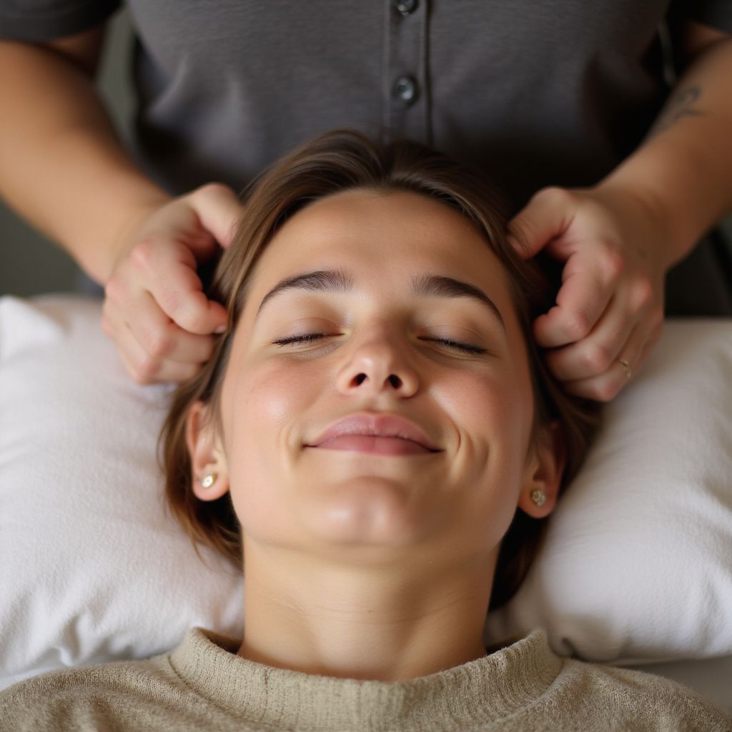 Femme recevant un massage de la tête, yeux fermés, souriante, mains sur la tête.