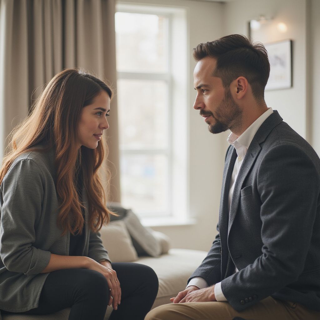 Un homme et une femme en séance de thérapie ; ils se font face, le regard intense.