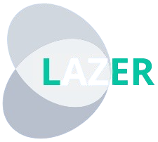 Logo avec le mot « LAZER » en texte blanc et vert sarcelle, superposé sur deux ovales gris qui se croisent.