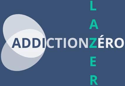 Logo pour « Addiction Zéro » avec le mot-symbole superposé au mot « LAZER » en vert, sur fond bleu.