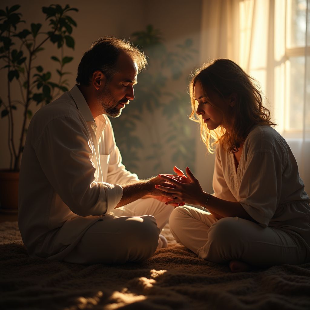 Un homme et une femme vêtus de blanc, assis par terre, se tenant la main, la lumière du soleil inondant la pièce par une fenêtre.