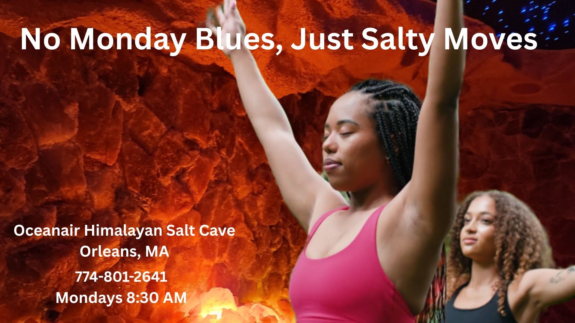 Two women practice yoga in a Himalayan salt cave. One in pink raises arms. Text: 
