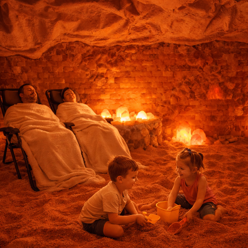 People relaxing in salt cave, children playing in sand. Warm, orange lighting.
