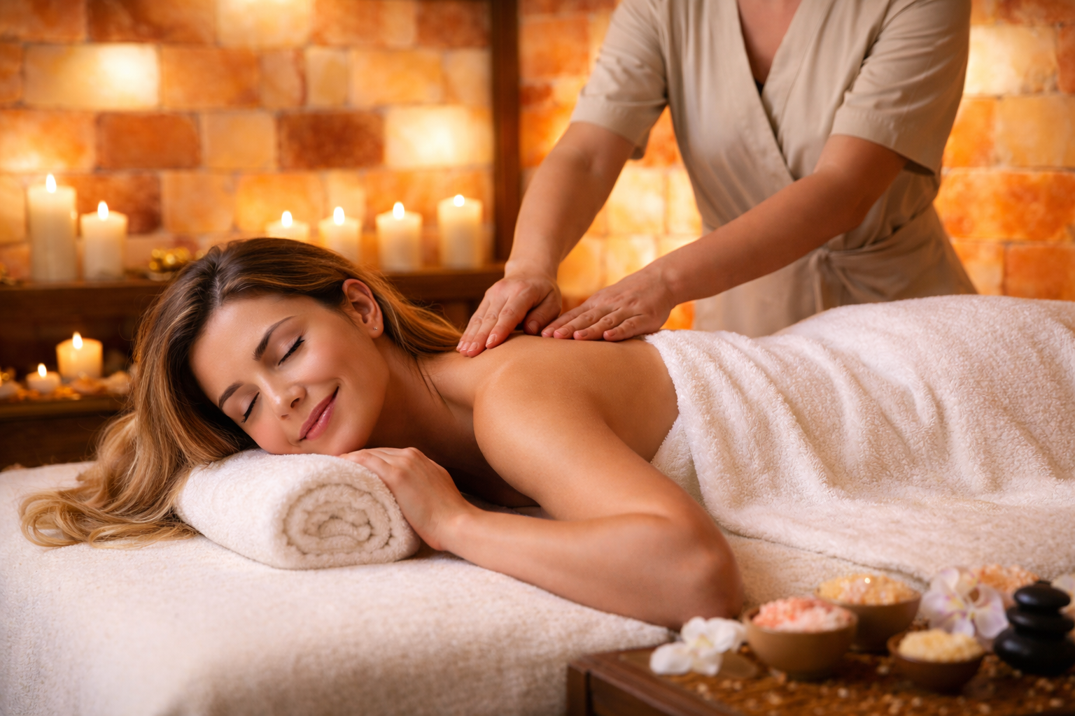 Woman receiving back massage in a spa, smiling. Candles and salt wall background.