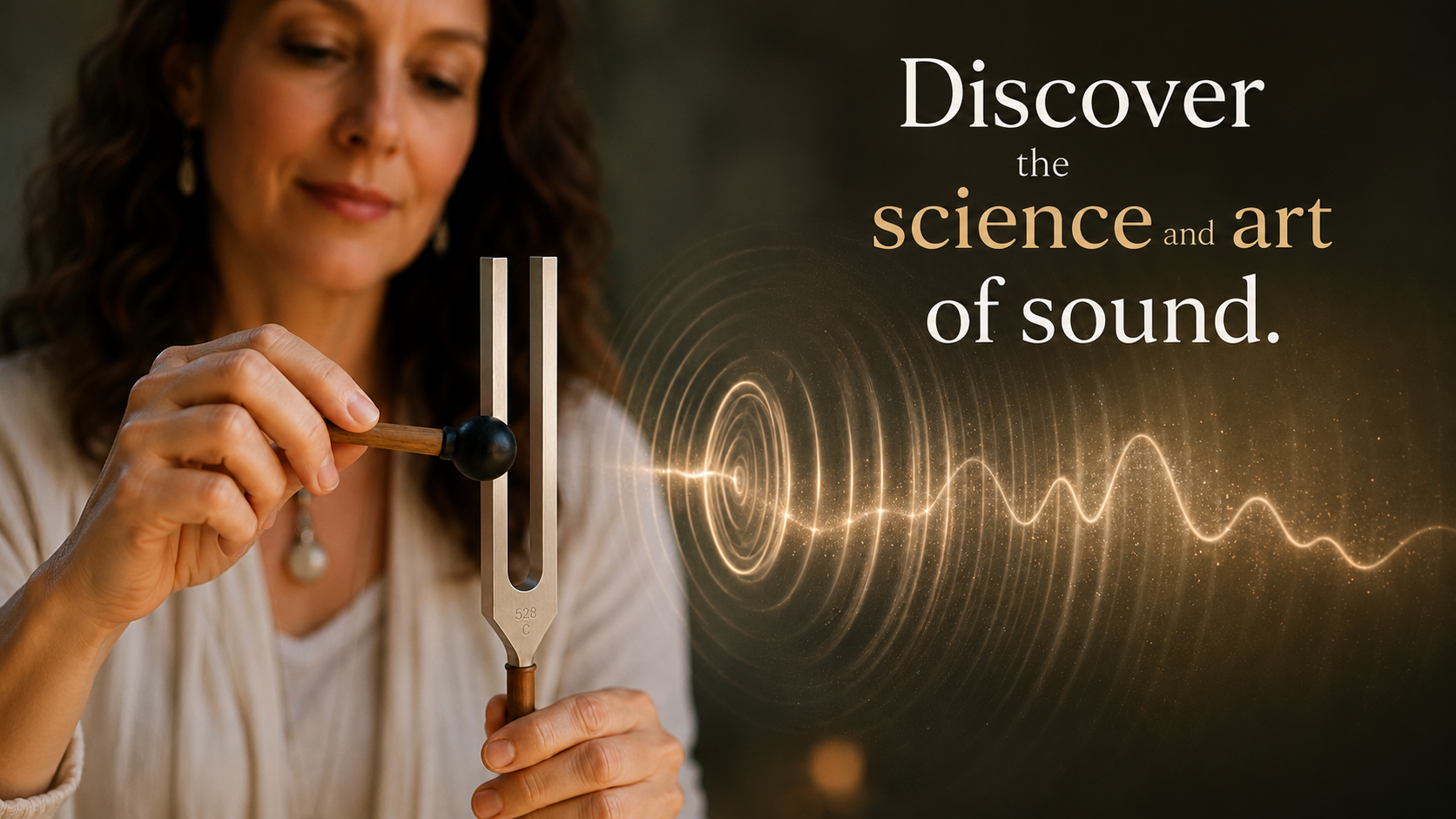 Woman striking a crystal singing bowl with sound waves and the text “Discover the science & art of sound.”