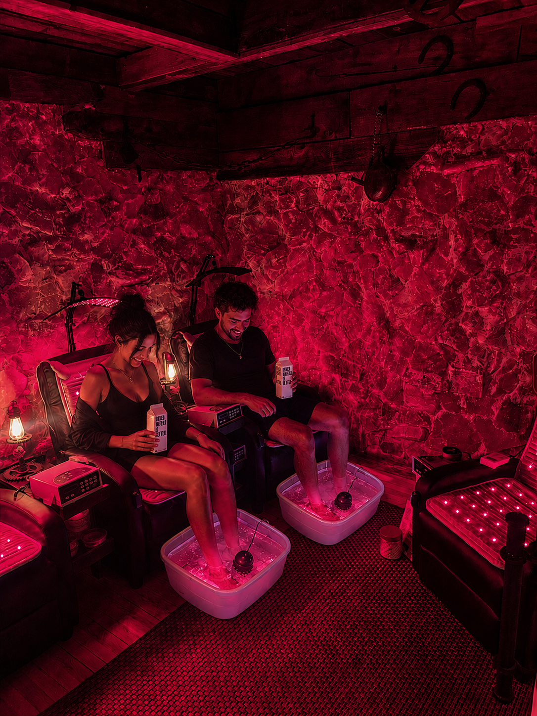 Two people sitting on glowing foot baths in a red-lit cave lounge