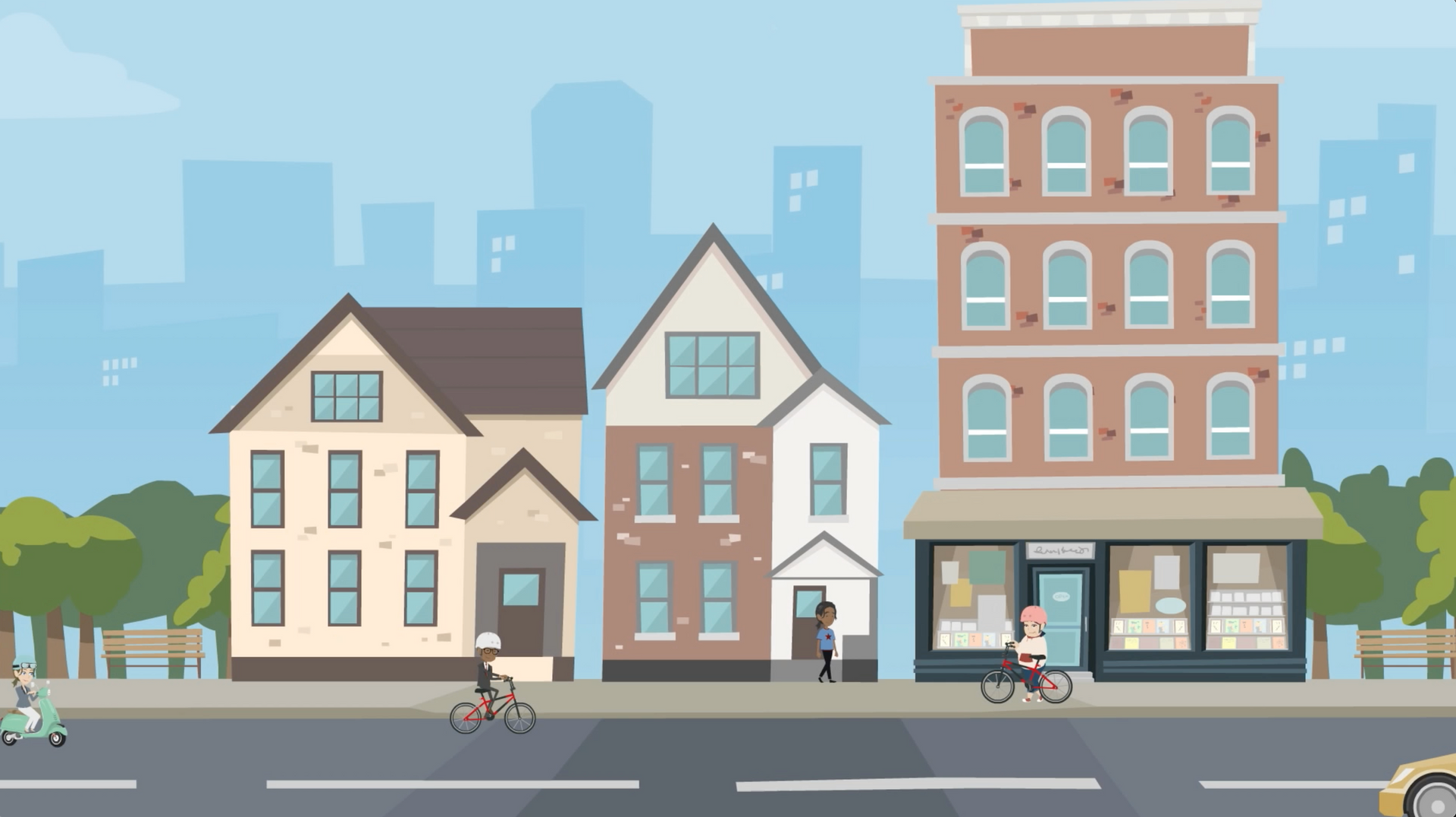 A cartoon illustration of a city street with buildings and people riding bikes.