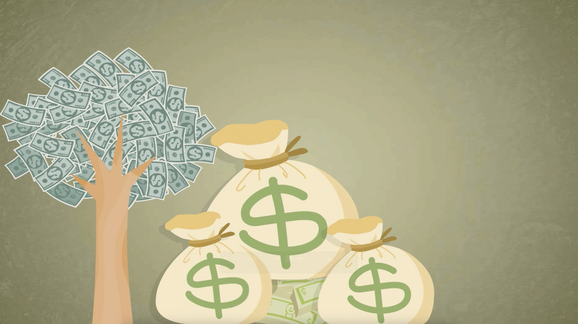 A pile of money bags with a dollar sign on them and a tree in the background.