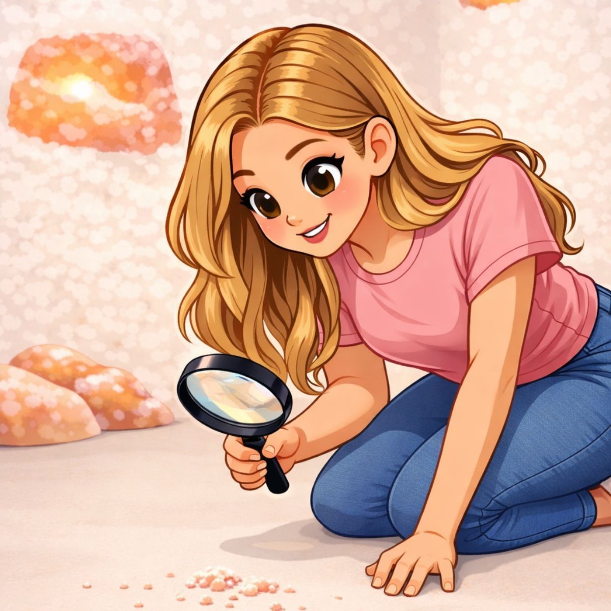 A person with blonde hair kneels on the ground, examining small rock fragments with a magnifying glass in a bright room.