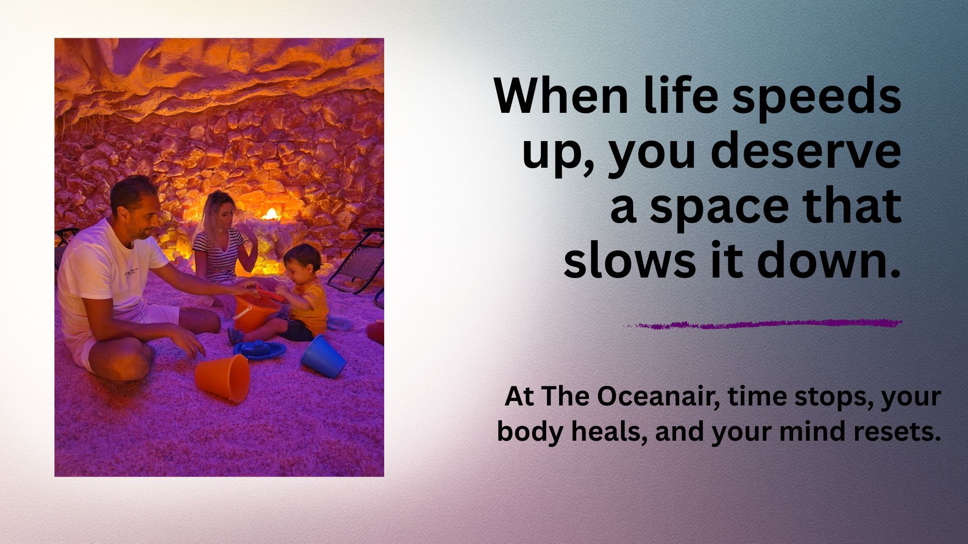 Family relaxing in a salt cave, with text 