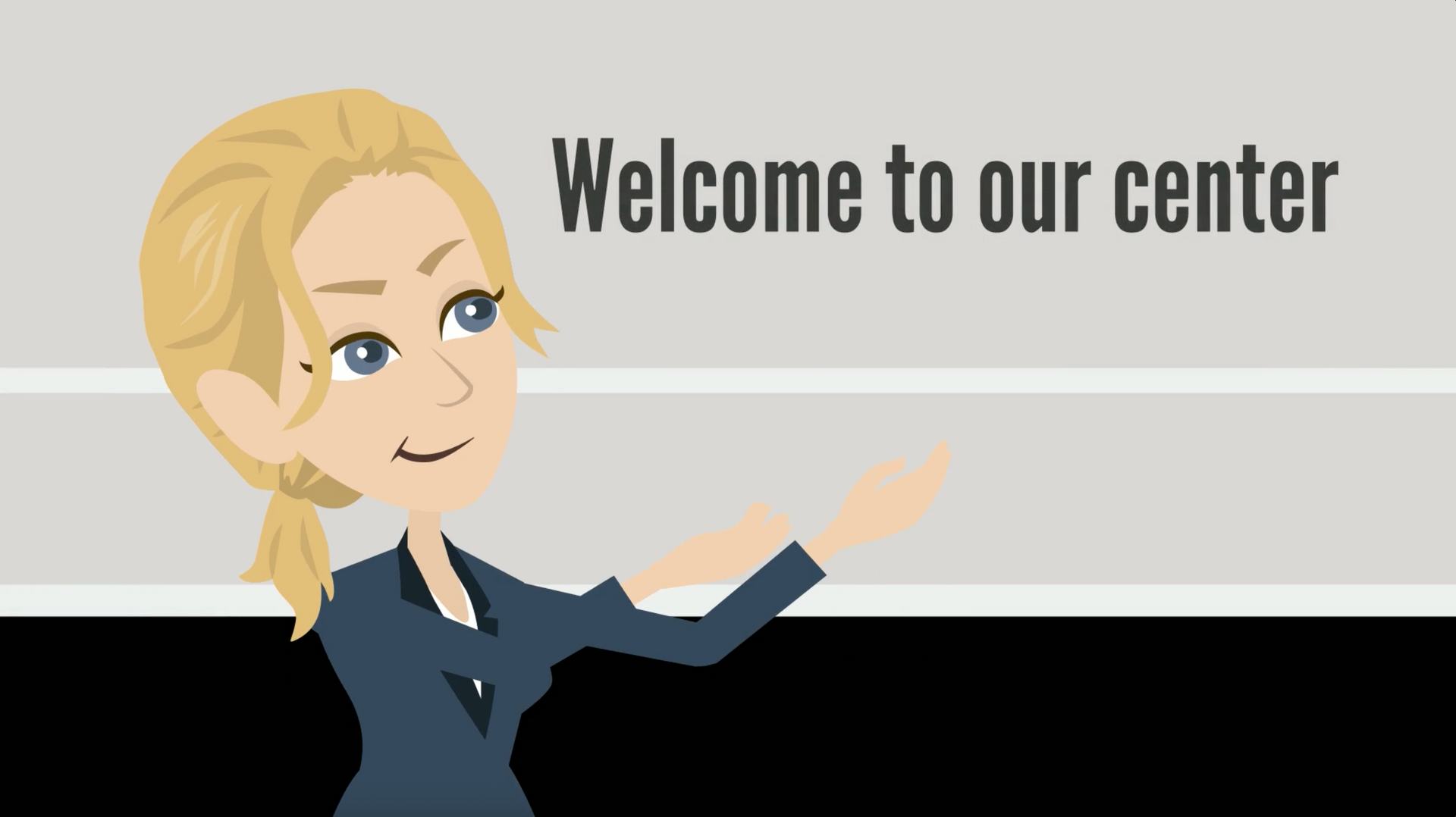 A cartoon woman is standing in front of a sign that says welcome to our center.