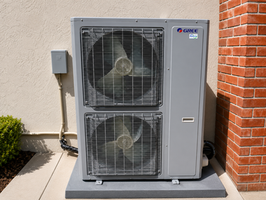 Outdoor HVAC unit beside a brick wall and beige exterior wall, with two fan grilles.