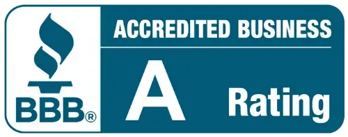 A blue sign that says accredited business a rating