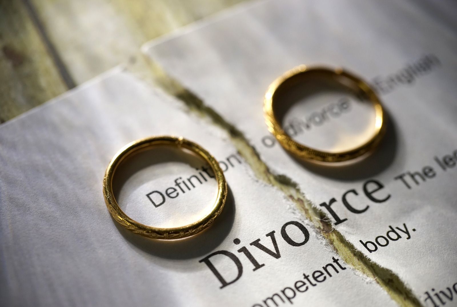 Two wedding rings are sitting on a piece of paper that says divorce