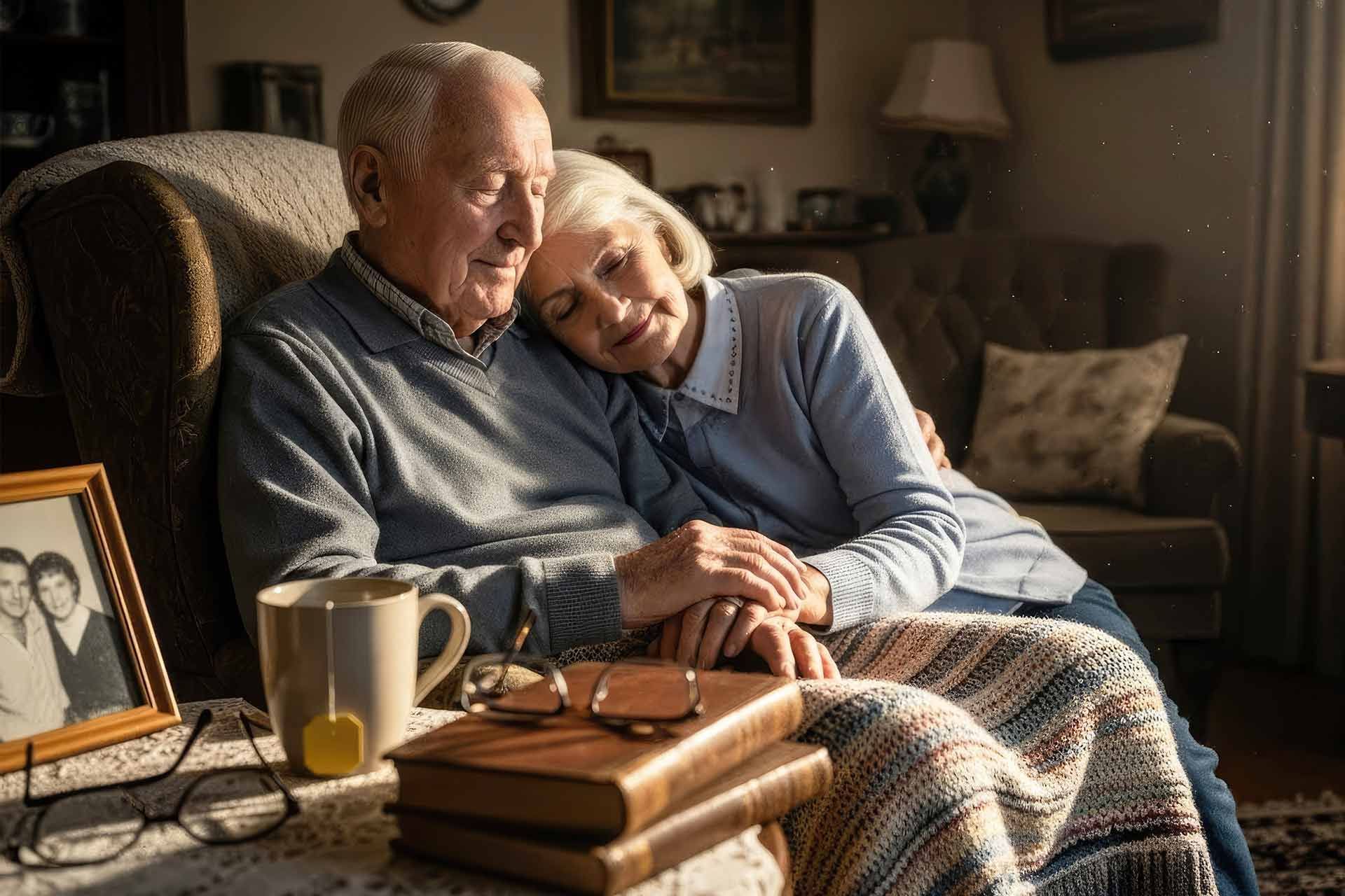 Elderly couple embraces on a chair in a cozy living room, holding hands with a photo and books nearby.