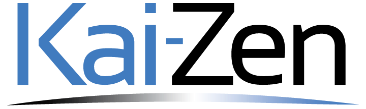 A blue and black logo for kaizen on a white background.