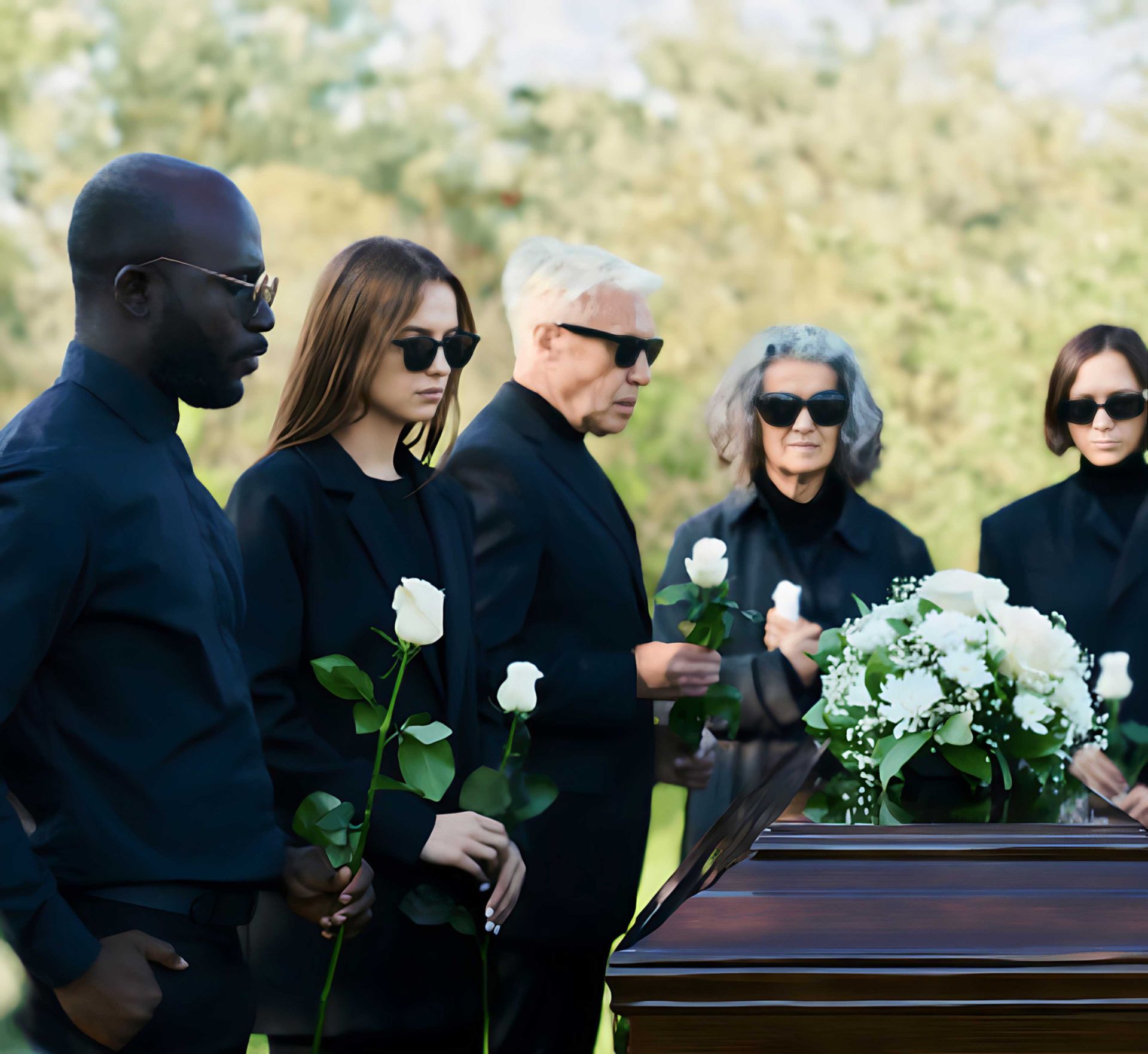 A group of people standing around a coffin holding flowers