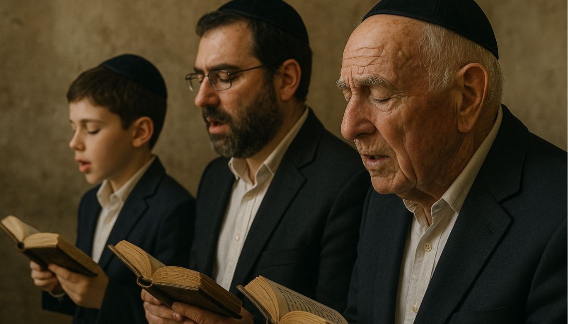 Tres generaciones rezan el Kadish en sinagoga; niño, padre y anciano con kipá leen libros de oración