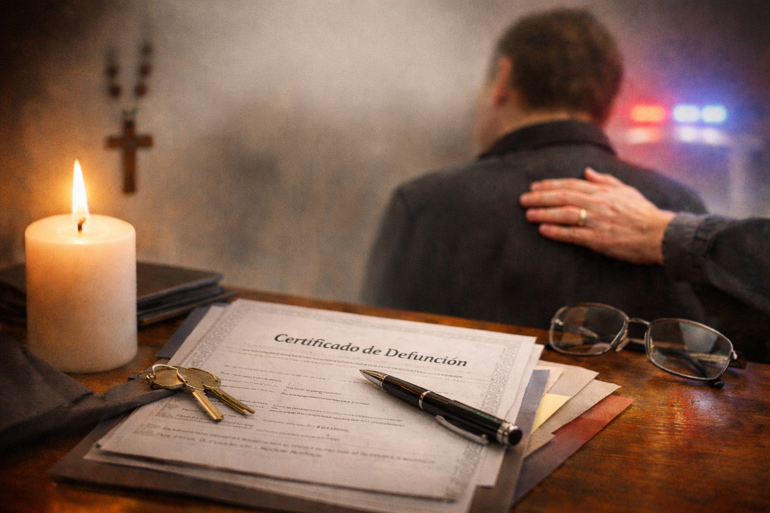 Documentos sobre mesa y gesto de acompañamiento al fondo tras un fallecimiento.