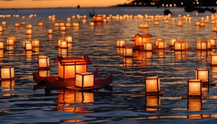 Linternas de papel iluminadas flotando al atardecer durante el ritual Toro Nagashi del Festival Obon, reflejadas sobre la superficie tranquila del agua.