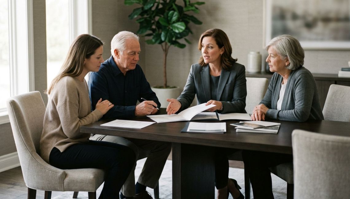 Familia revisando documentos sobre previsión funeraria y posibles costos extra