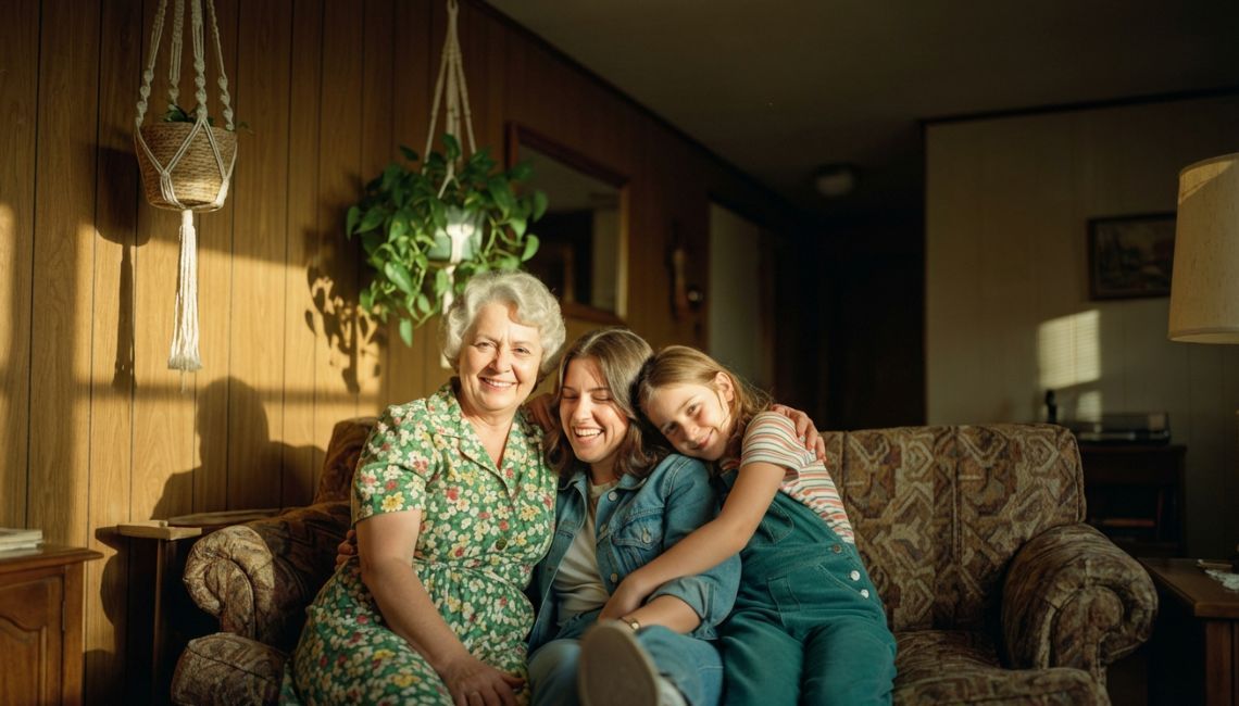 Familia abrazada en un sofá de sala: una mujer mayor al centro-izquierda, una joven y una niña recar