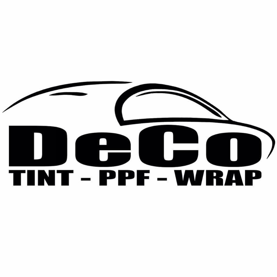 Black-and-white DeCo logo with car outline and text “TINT - PPF - WRAP”