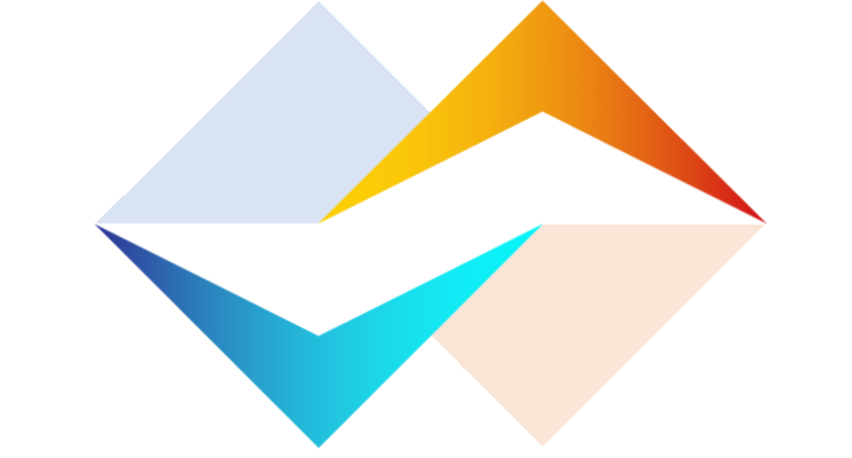 Abstract geometric logo with overlapping blue, orange, yellow, and peach shapes on a white background