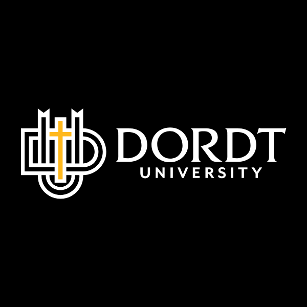 The logo for dordt university is white on a black background.