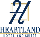 A logo for a hotel and suites called heartland hotel and suites.