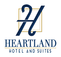 A logo for a hotel and suites called heartland hotel and suites.
