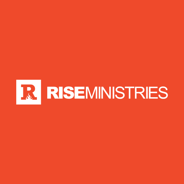 A logo for rise ministries on a red background