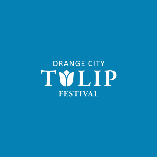 Orange city tulip festival logo on a blue background