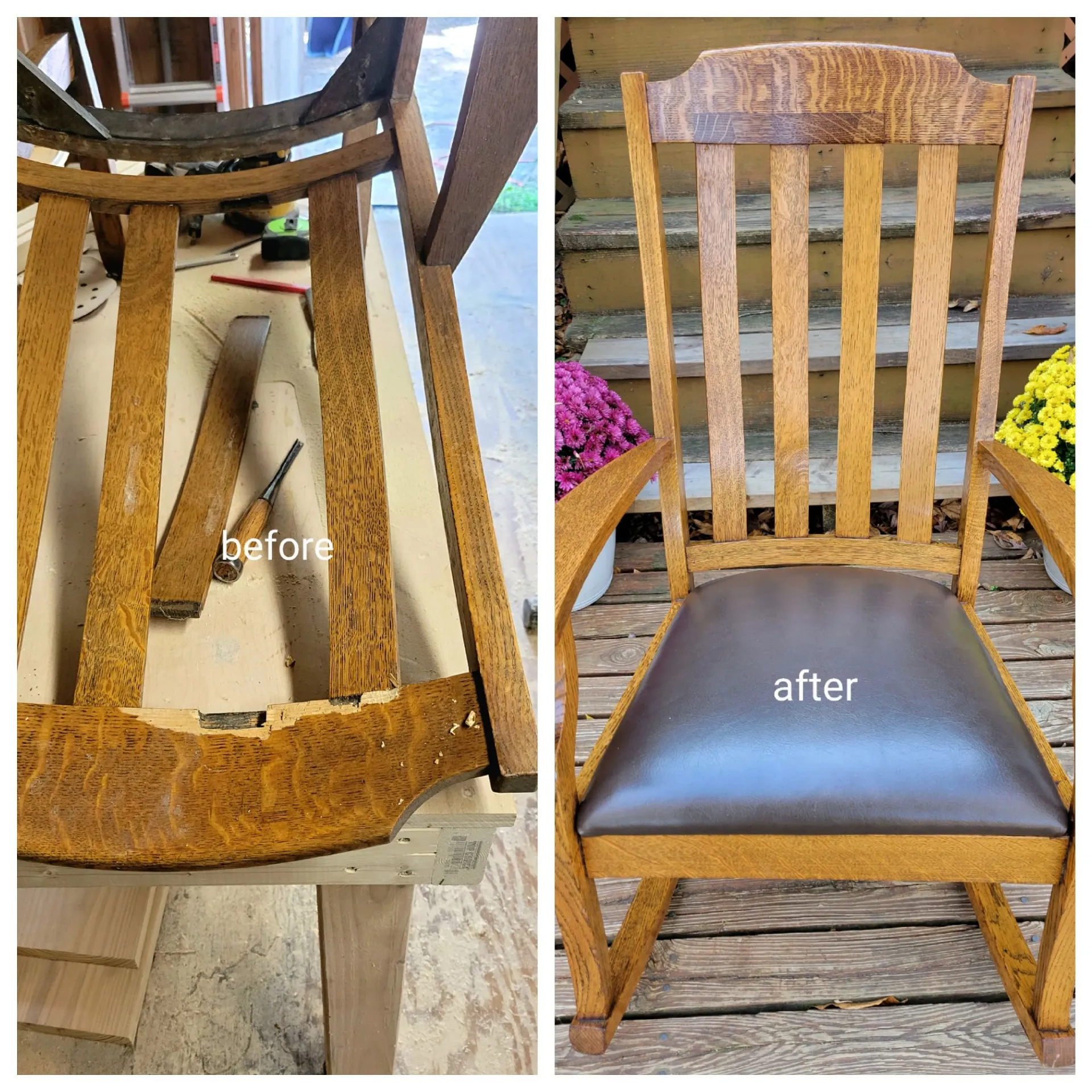 A before and after photo of a wooden rocking chair