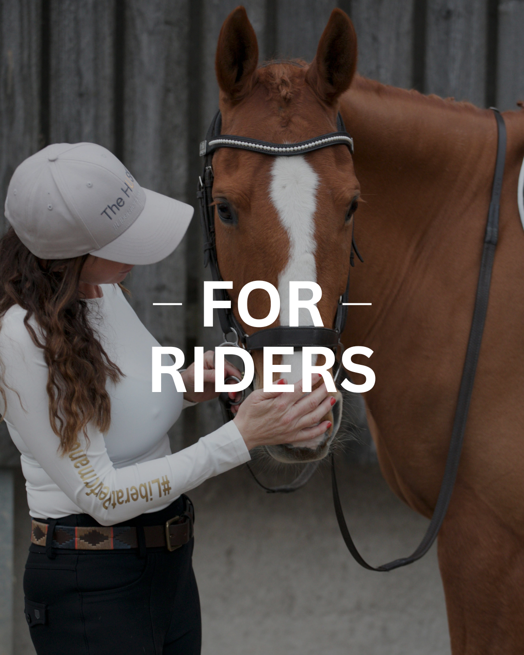 Woman in riding gear with a horse, text