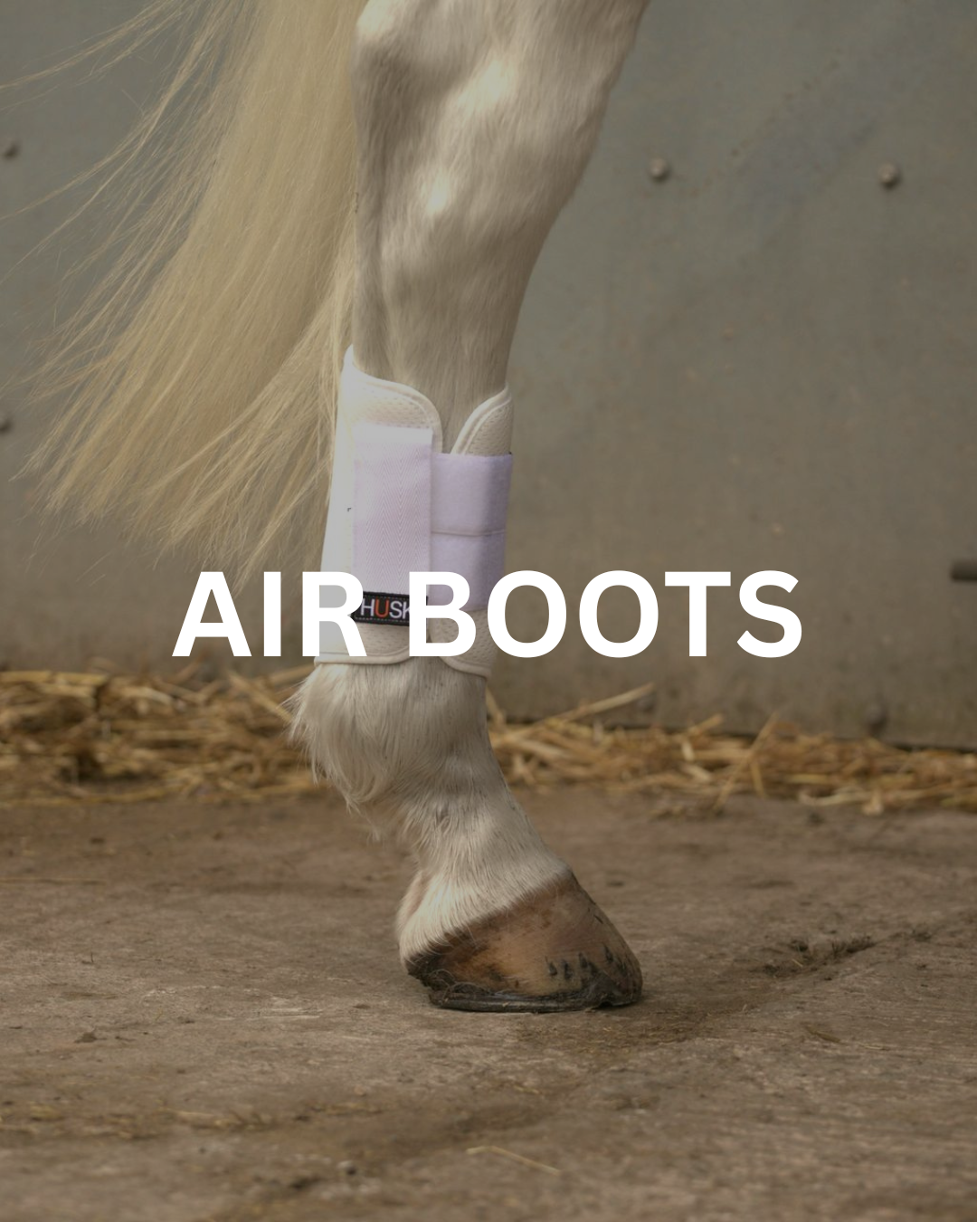White horse leg wearing air boots in a stable setting.
