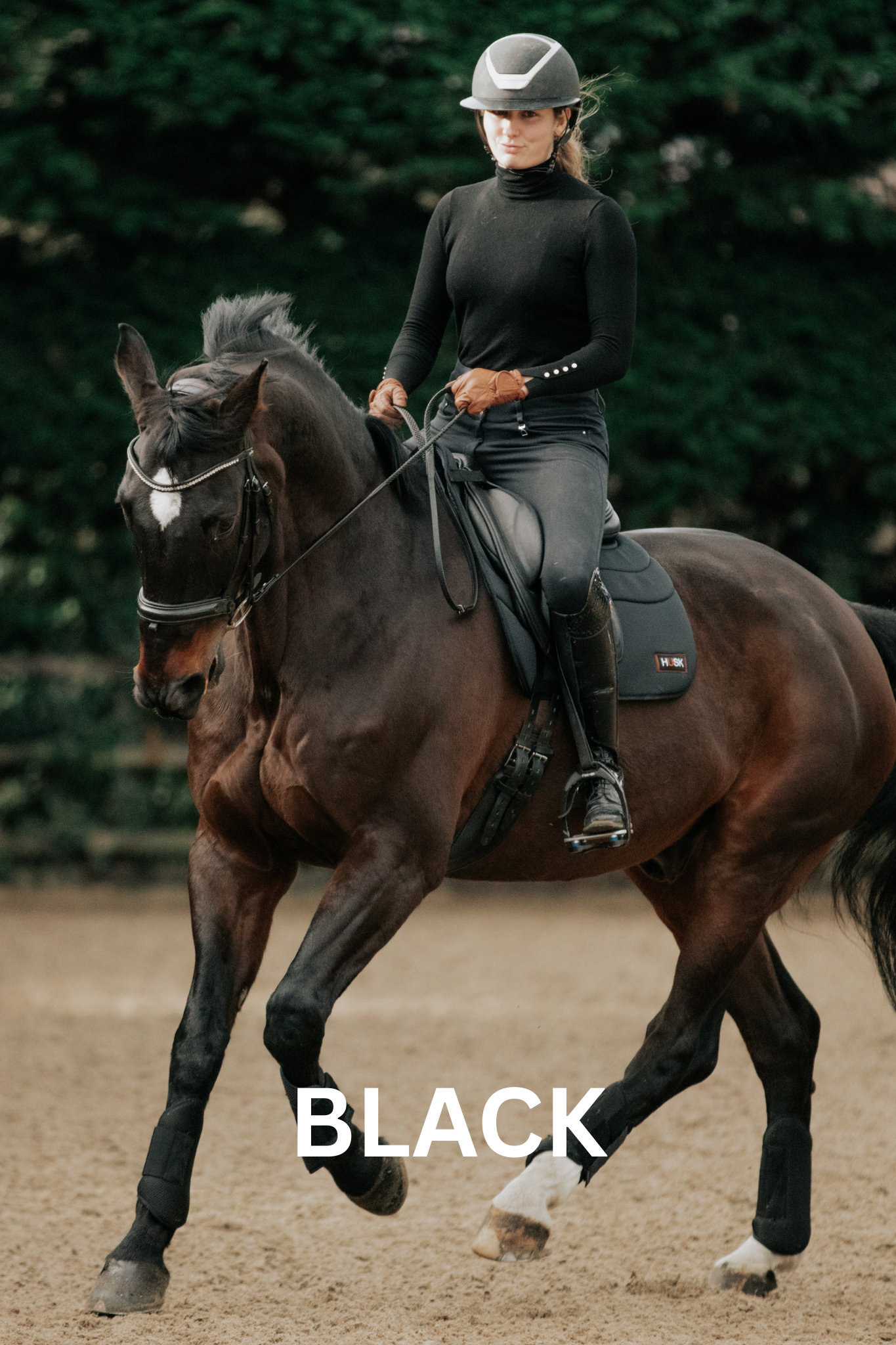 Woman on a black horse wearing riding attire. Outdoors, in an arena.