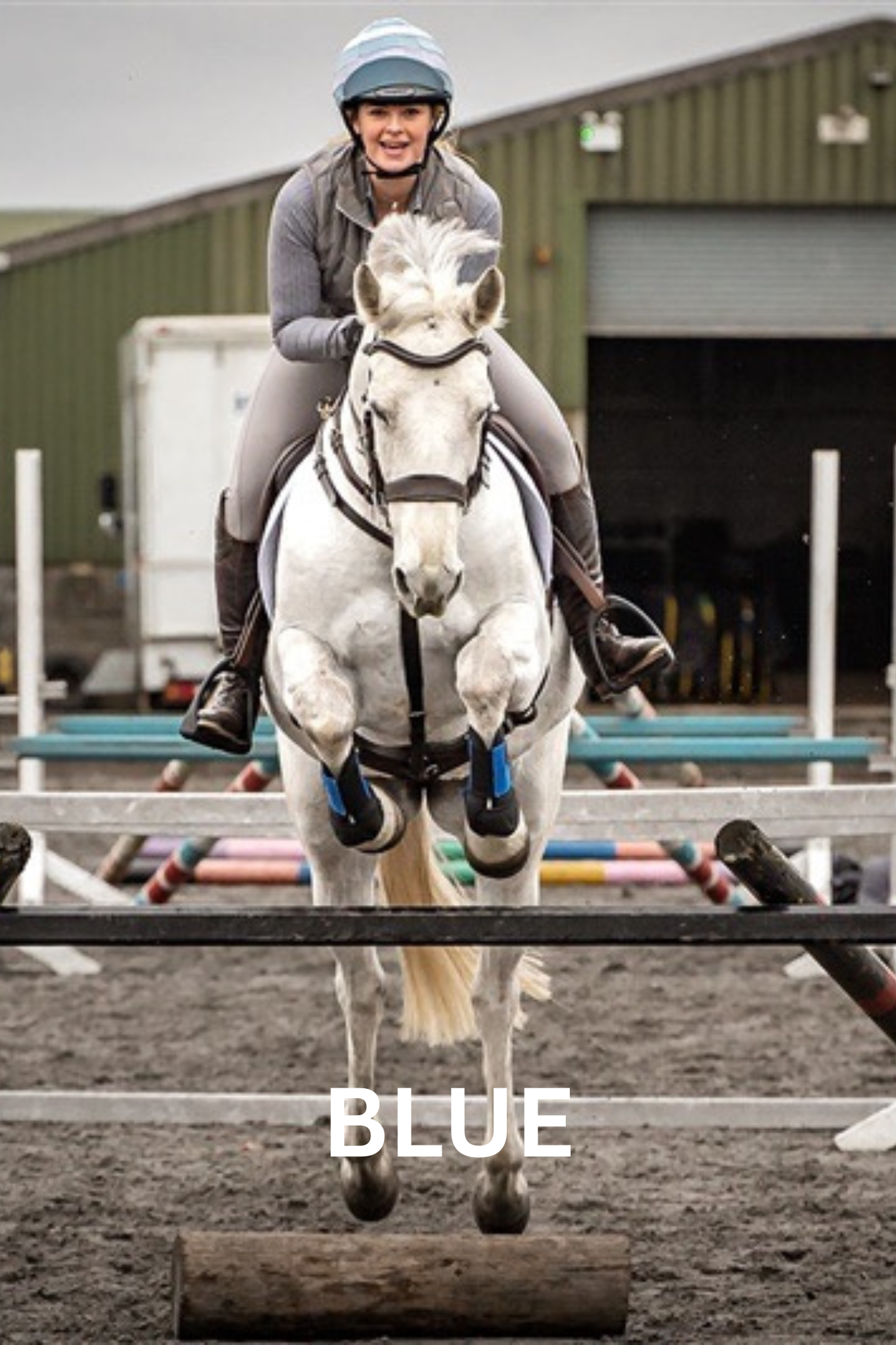 Woman on a gray horse jumping a blue and wood fence at an outdoor arena.