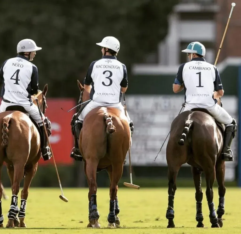 Three polo players on horseback, backs to the viewer, wearing numbered jerseys and helmets on a grassy field.