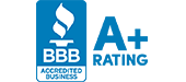 A blue bbb rating accredited business logo on a white background.